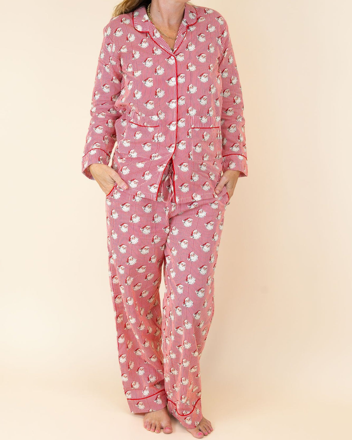 Red Striped Vintage Santa Button Down Adult Pajama Set