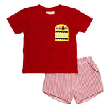 Crayon Pocket Red Seersucker Boy Shorts Set