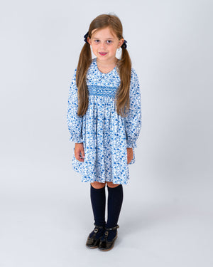 Winter Blue Floral Smocked Dress