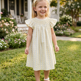 French Blue Petite Flowers Smocked Angel Sleeve Dress