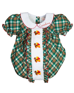 Embroidered Turkeys Plaid Girl's Bubble
