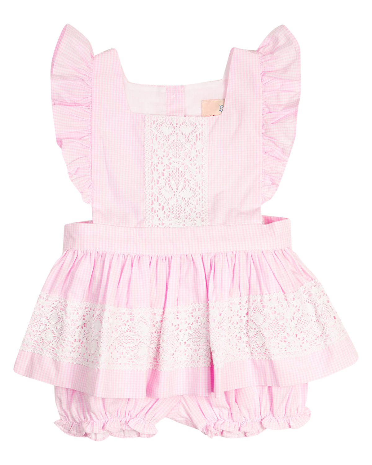 Pink Gingham Pinafore Bloomer Set with Lace