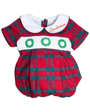 Wreath Smocked Red and Green Plaid Boy Bubble