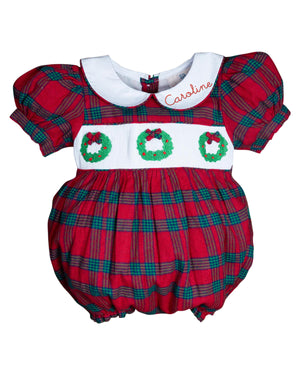 Wreath Smocked Red and Green Plaid Girl Bubble