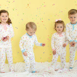 Party Time Pima Zip Up Pajamas with Blue Trim- FINAL SALE