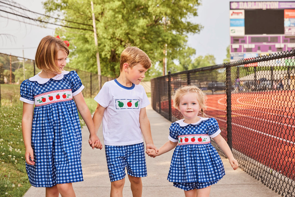 Apple Smocked Blue Checked Bloomer Set