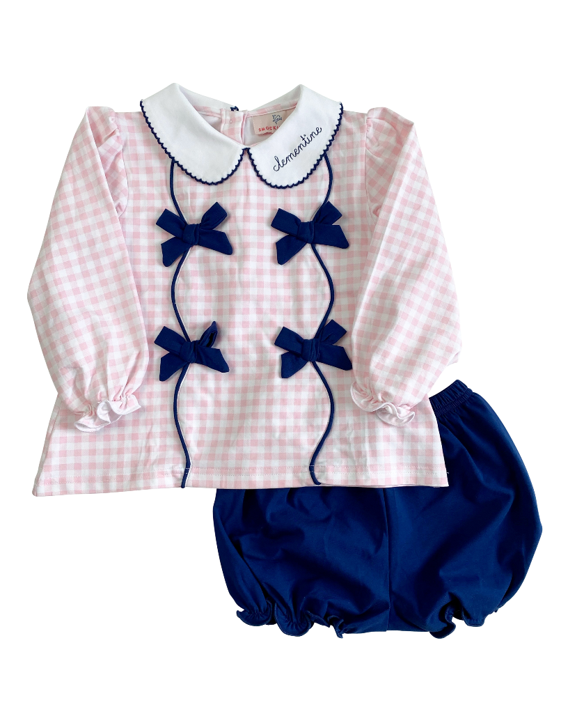 Pink Gingham Knit Bloomer Set with Navy Bows