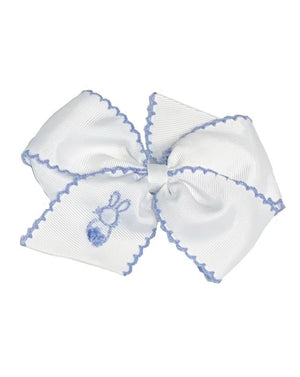 Bunny Embroidered White Hair Bow With Blue Trim