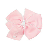 Bunny Embroidered Pink Hair Bow with White Trim