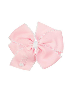 Bunny Embroidered Pink Hair Bow with White Trim