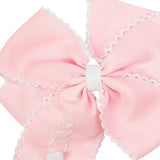 Bunny Embroidered Pink Hair Bow with White Trim