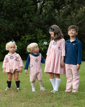 Coral Check Shortall With Navy Knit Shirt- FINAL SALE