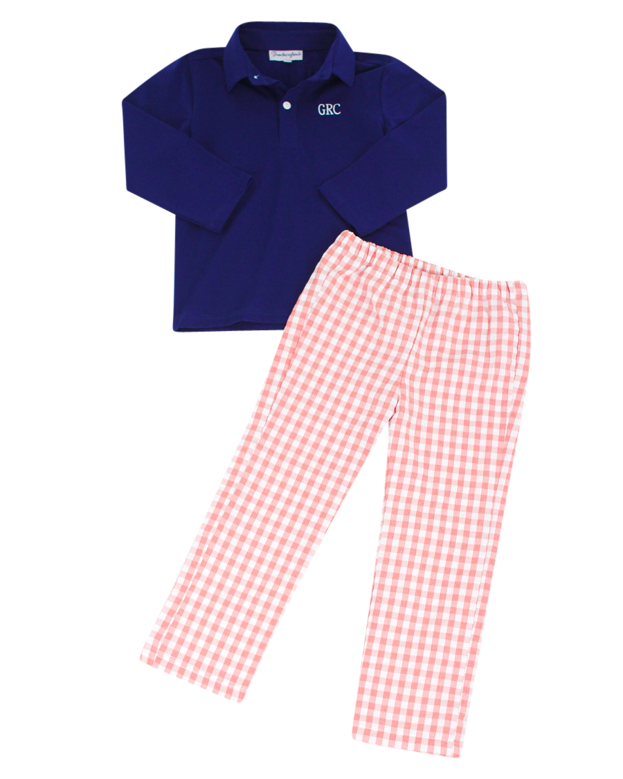 Coral Check Pants With Navy Knit Long Sleeved Polo- FINAL SALE