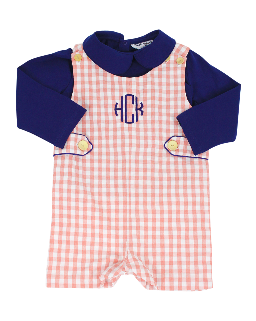 Coral Check Shortall With Navy Knit Shirt- FINAL SALE