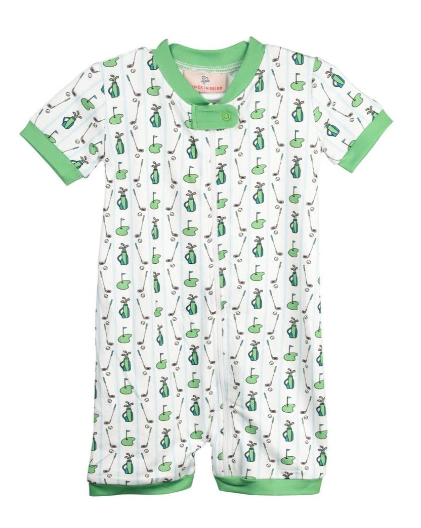 Tee Time Golf Green Trimmed Zip Up Shortie Pajamas-FINAL SALE