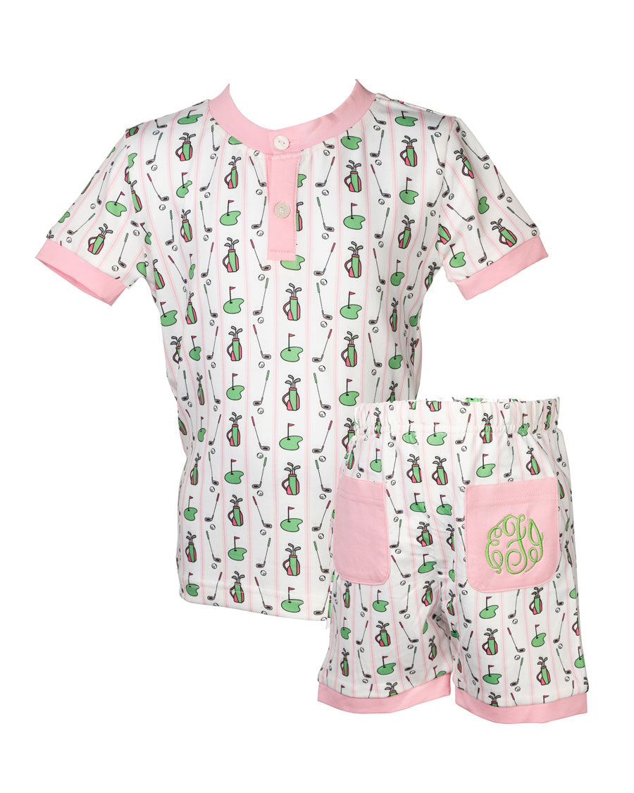 Tee Time Golf Pink Trimmed Short Sleeve Pajama Set-FINAL SALE