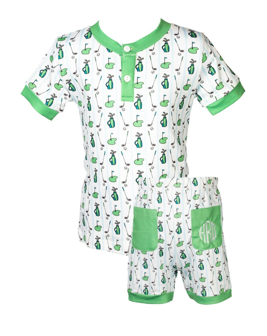 Tee Time Golf Green Trimmed Short Sleeve Pajama Set-FINAL SALE