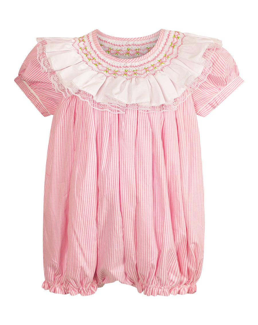 Pink Stripe Smocked Bubble with Ruffle Collar