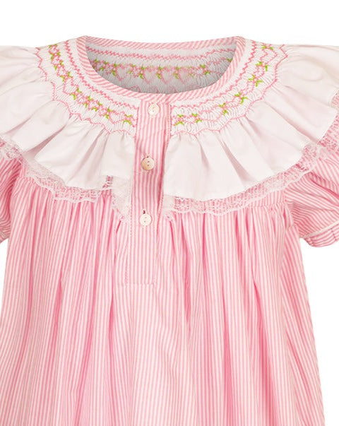 Pink Stripe Smocked Bubble with Ruffle Collar