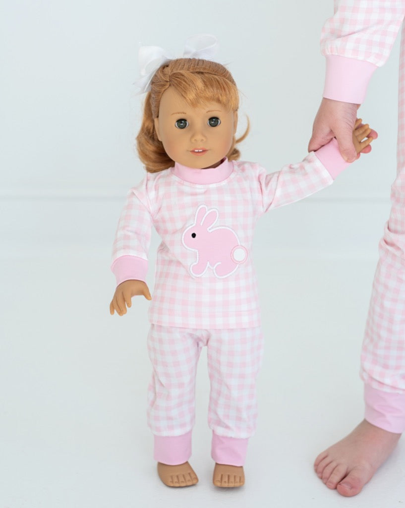 Bunny Applique Pink Gingham Pajamas for Doll- FINAL SALE