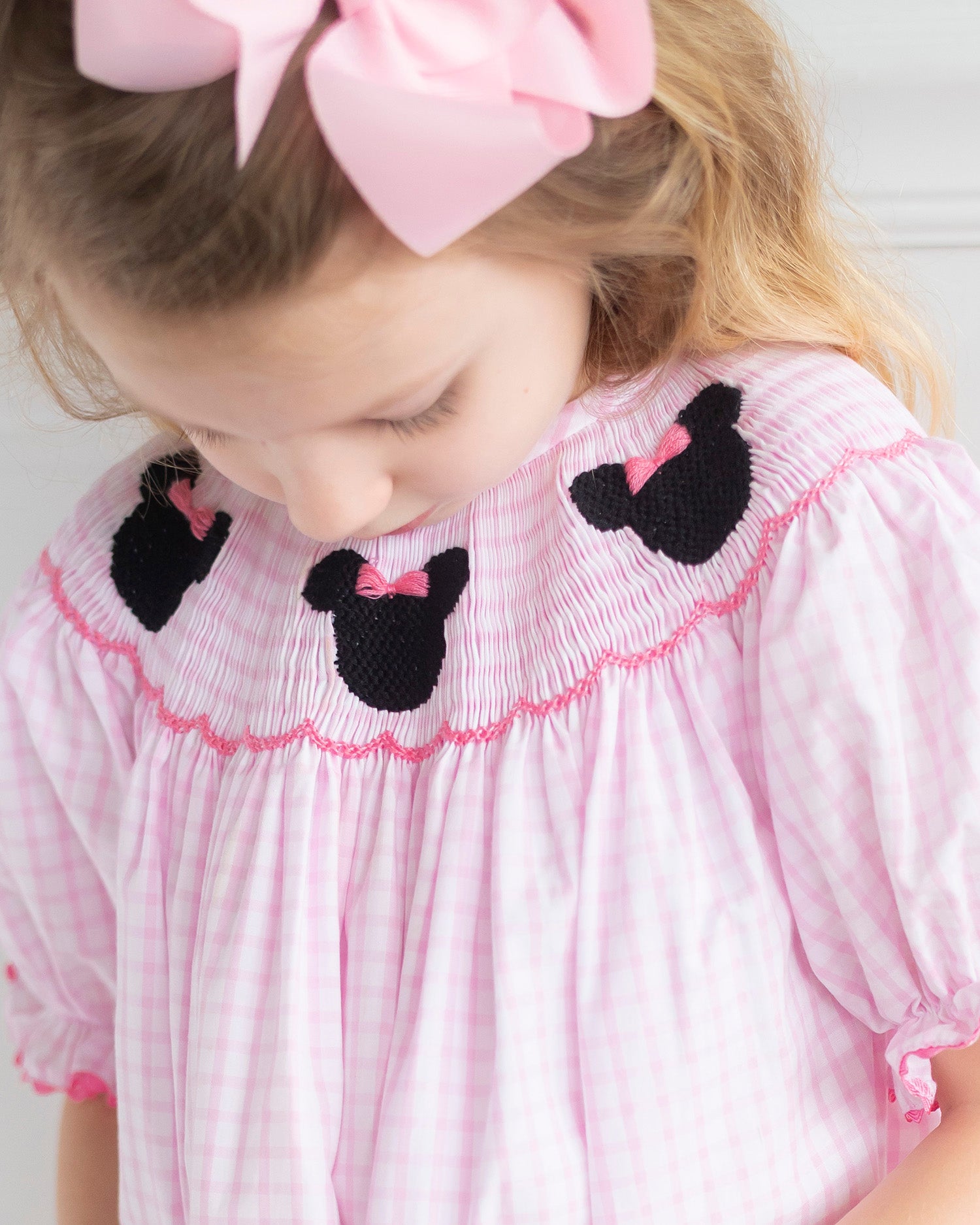Mouse Smocked Pink Windowpane Dress