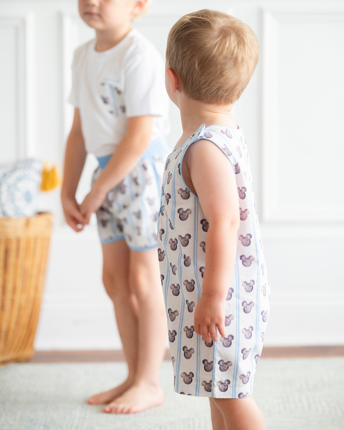 Hand Painted Mouse Print with Blue Stripes Shortall