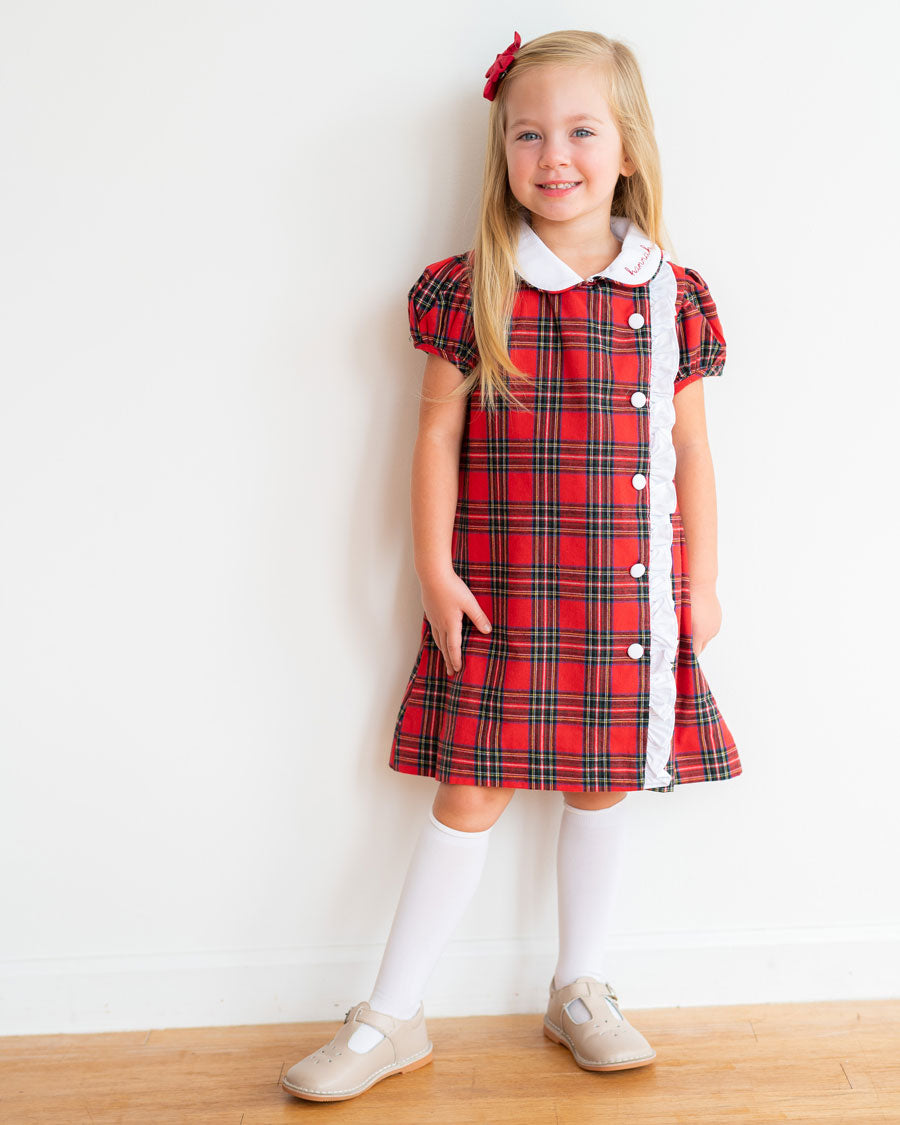 Holiday Plaid Sadie Dress with White Ruffle