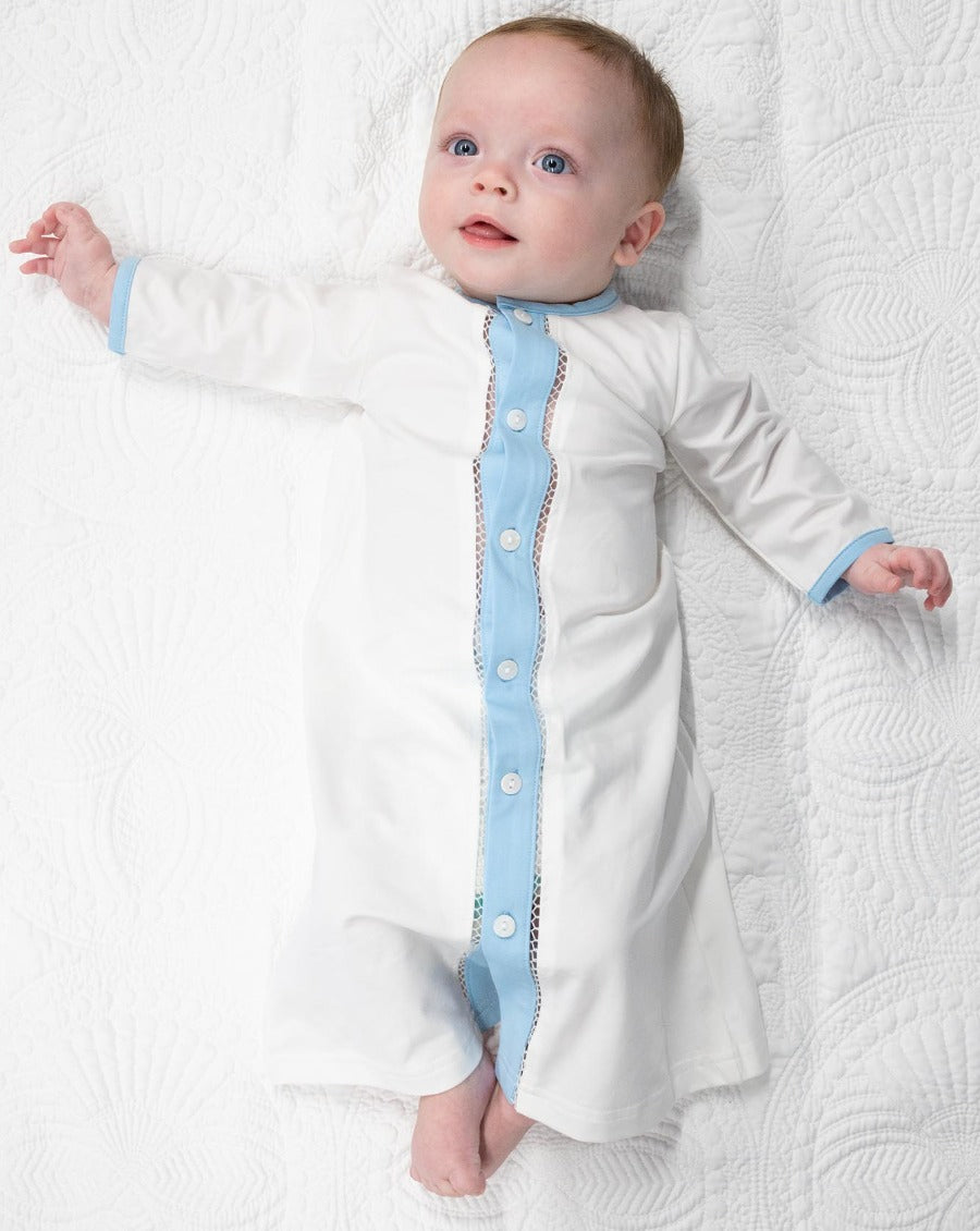 White Knit Baby Gown with Blue Trim