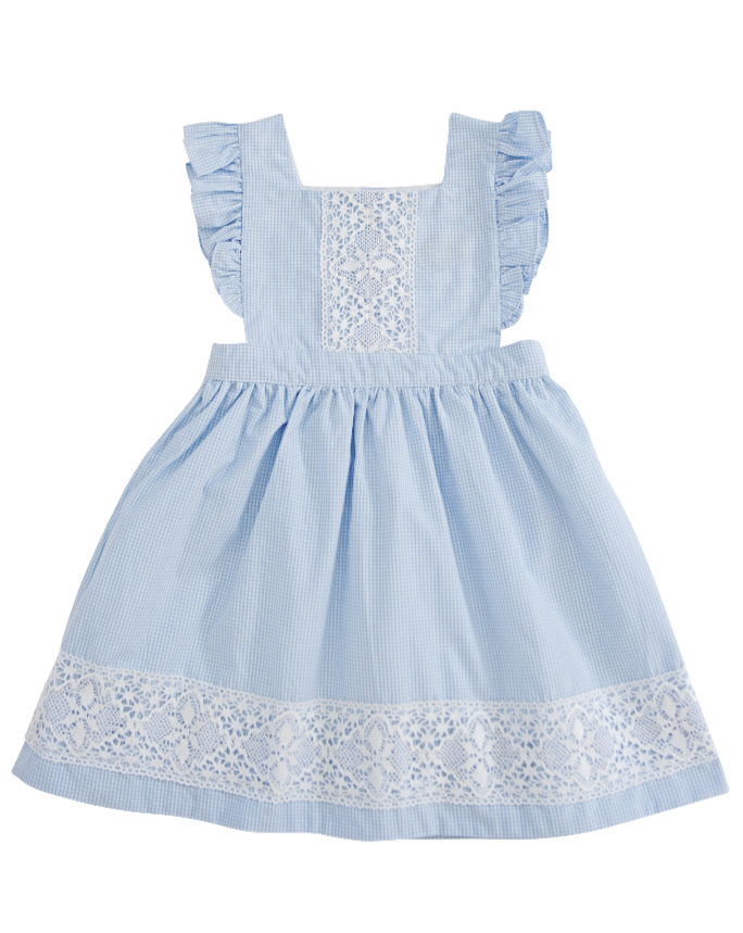 Blue Gingham Pinafore Dress with Lace