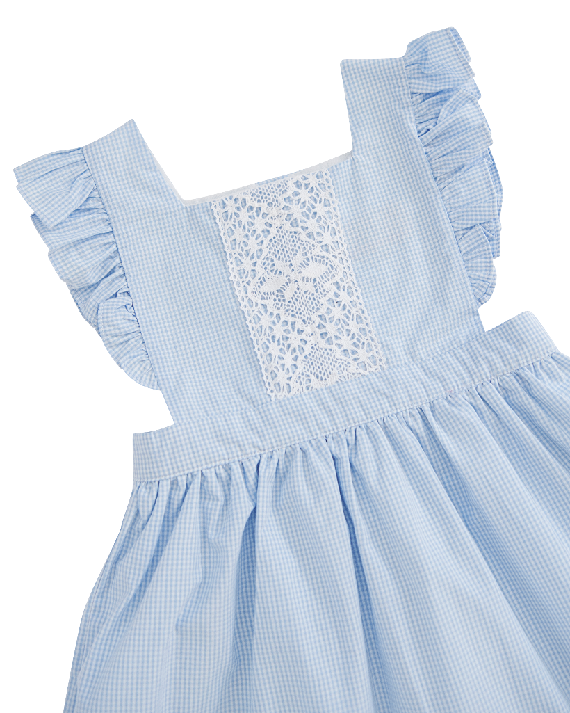 Blue Gingham Pinafore Dress with Lace