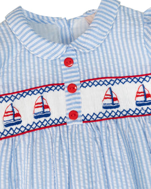 Sailboats Smocked Blue Seersucker Dress-FINAL SALE