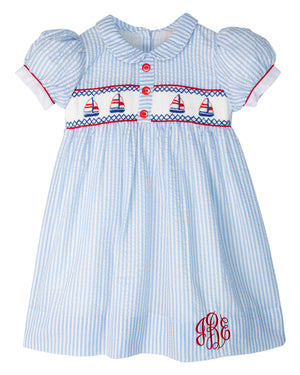 Sailboats Smocked Blue Seersucker Dress-FINAL SALE