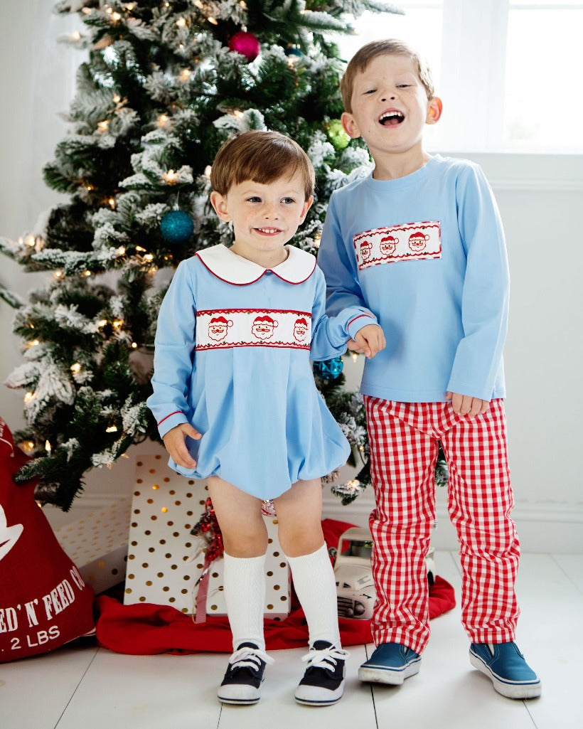 Santa Hand Embroidered Blue Knit Top and Gingham Pants Set