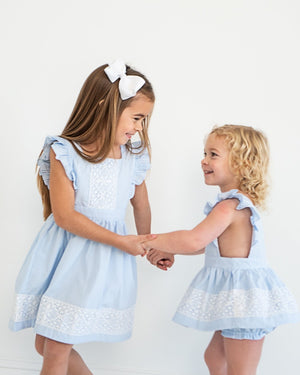 Blue Gingham Pinafore Dress with Lace