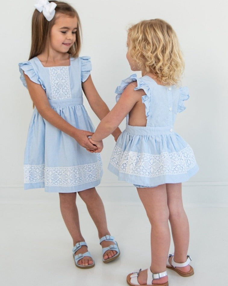 Blue Gingham Pinafore Bloomer Set with Lace-FINAL SALE