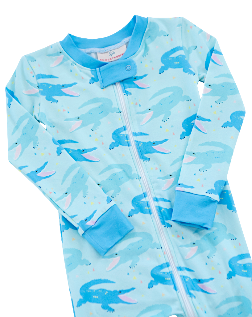 Chomping Crocodile Zip Up Pajamas with Blue Trim-FINAL SALE
