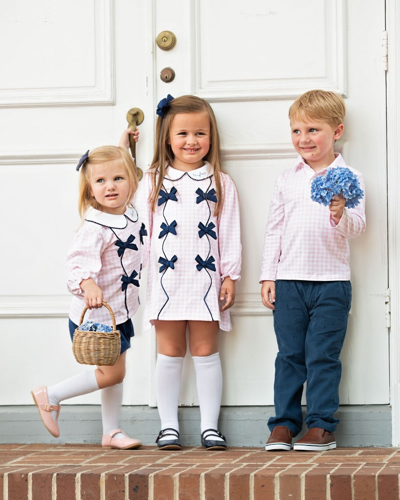 Pink Gingham Knit Dress with Navy Bows