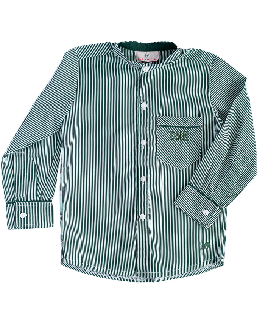 Green Striped Banded Collar Shirt- FINAL SALE