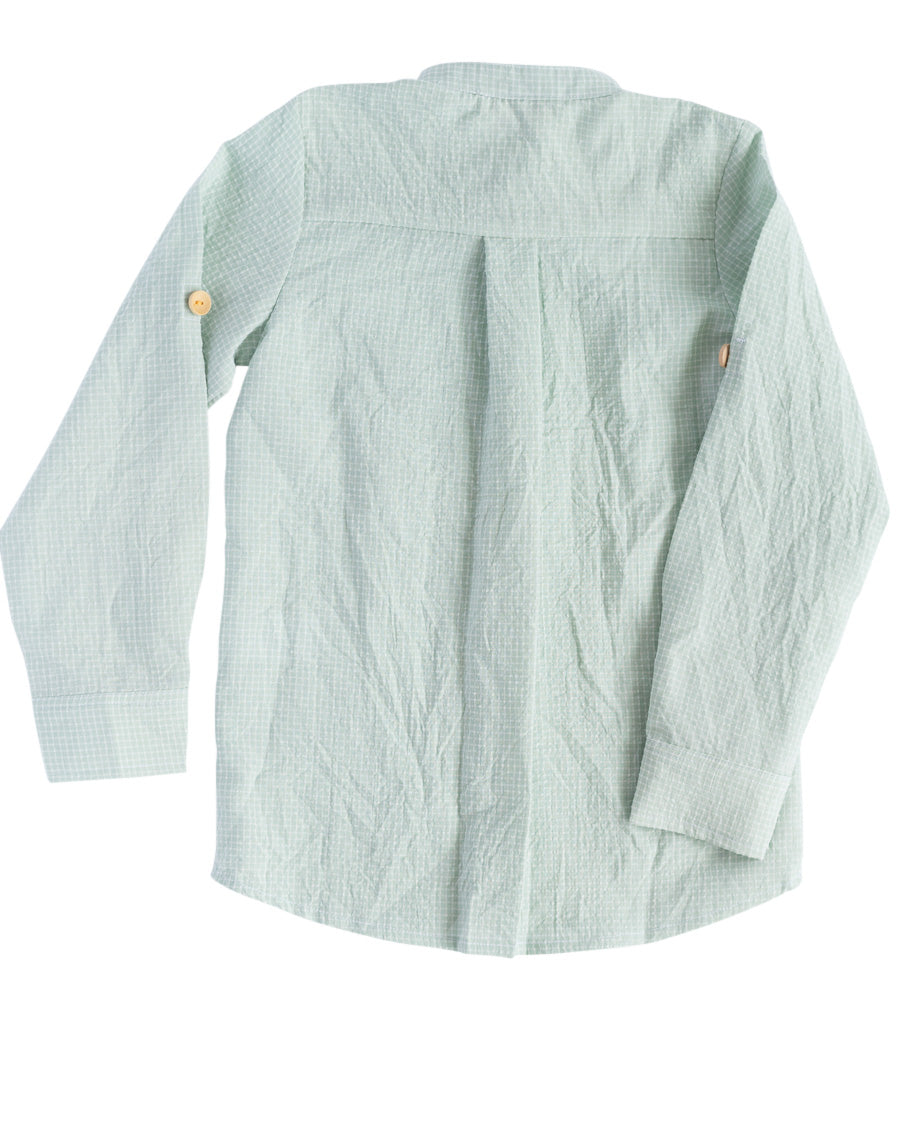 Sage Windowpane Banded Collar Shirt-FINAL SALE