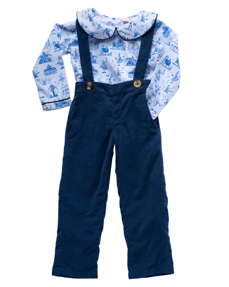 Nutcracker Toile Peter Pan Shirt with Navy Corduroy Overalls- FINAL SALE