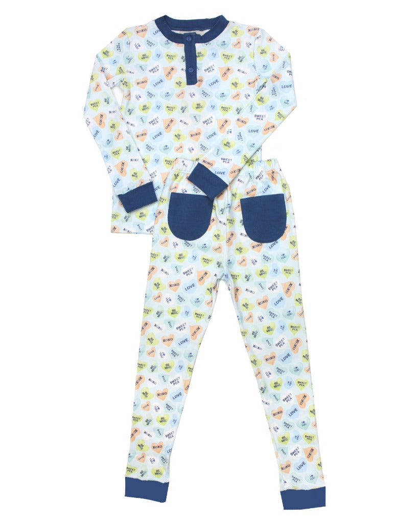 Candy Hearts Pima Pajama Set With Blue Trim-FINAL SALE