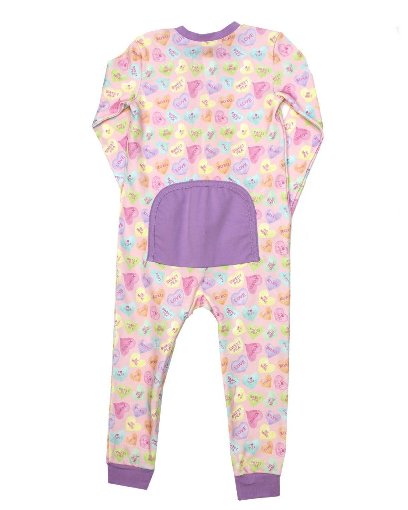 Candy Hearts Zip Up Pima Pajamas With Purple Trim- FINAL SALE