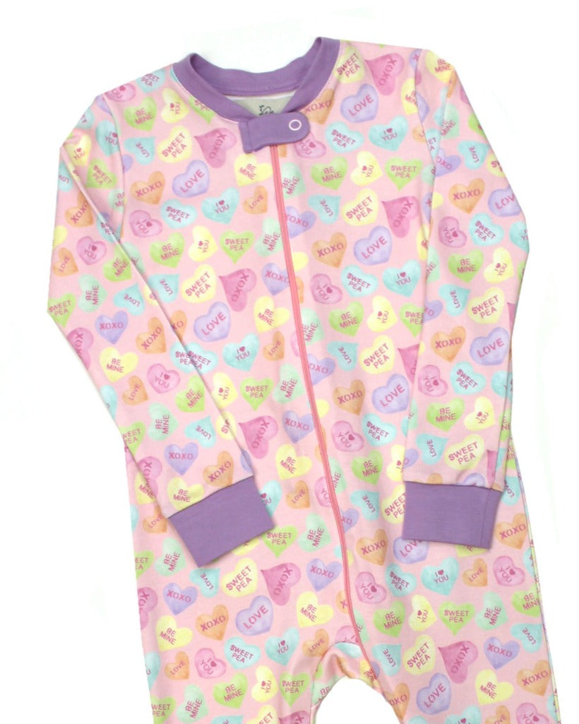 Candy Hearts Zip Up Pima Pajamas With Purple Trim- FINAL SALE