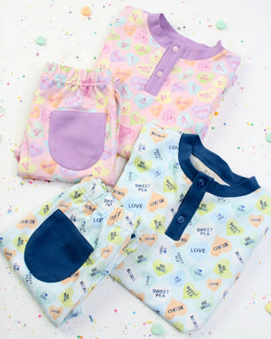 Candy Hearts Pima Pajama Set With Blue Trim-FINAL SALE