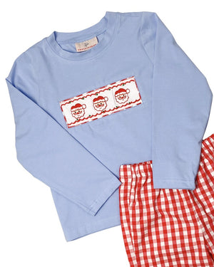 Santa Hand Embroidered Blue Knit Top and Gingham Pants Set