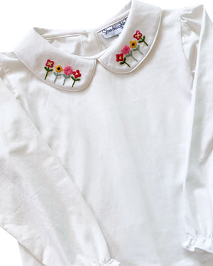 Knit Blouse with Floral Embroidered Collar