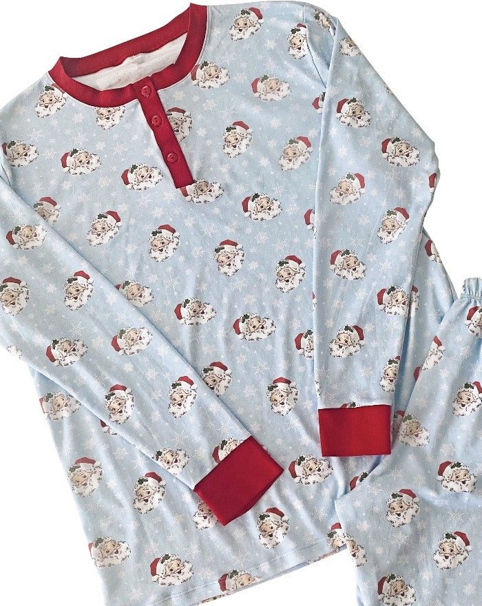 Vintage Santa Blue Pima Cotton Adult Pajama Set- FINAL SALE