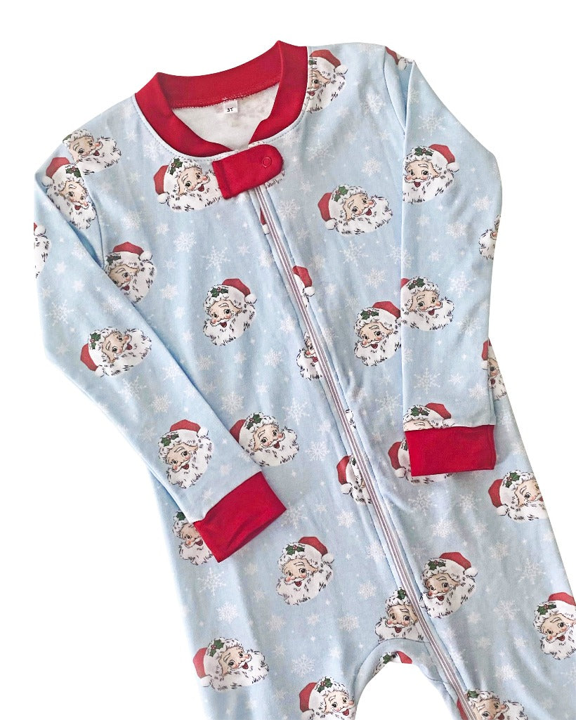 Vintage Santa Blue Pima Cotton Zip Up Pajamas