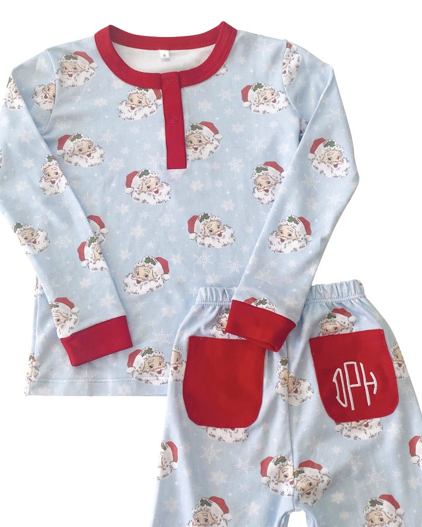 Vintage Santa Blue Pima Cotton Pajama Set