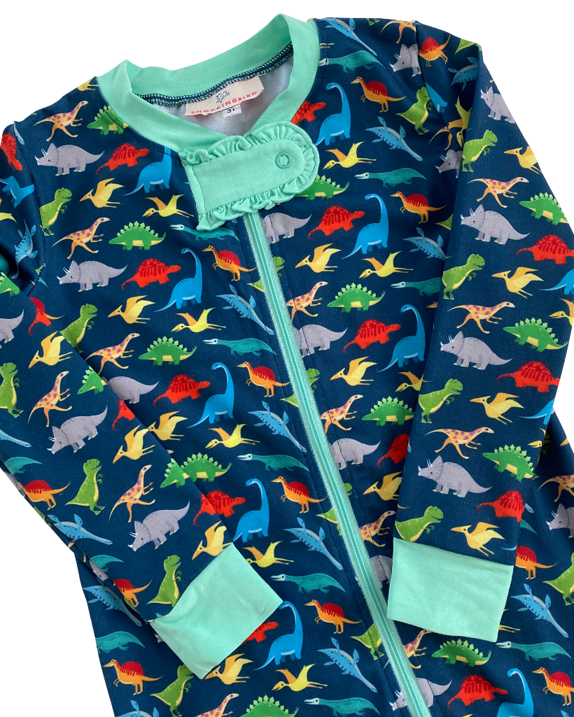 Roar Dinosaur Zip Up Pajamas with Mint Trim-FINAL SALE